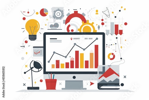 Business analytics concept with charts and graphs on computer monitor showcasing data insights, surrounded by various icons and elements.