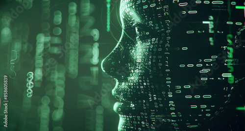 futuristic human head with a background of numbers and codes, in the style of navy and green