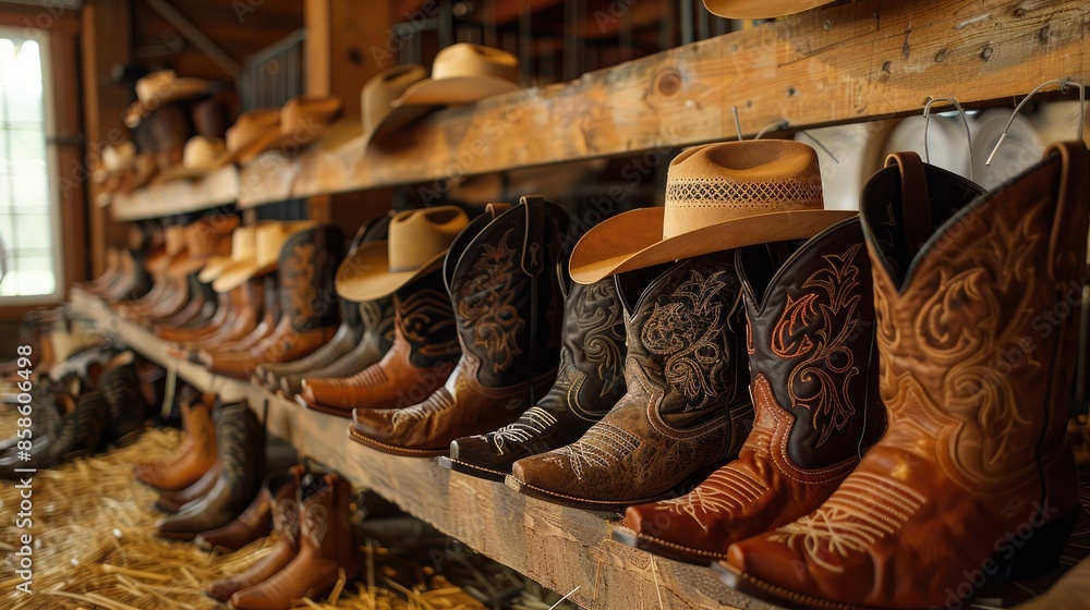 A row of cowboy boots and hats are displayed in a store. The boots are brown and black, and the hats are brown and tan. The store is filled with a rustic, western atmosphere A row of cowboy boots and hats are displayed in a store. The boots are brown and black, and the hats are brown and tan. The store is filled with a rustic, western atmosphere