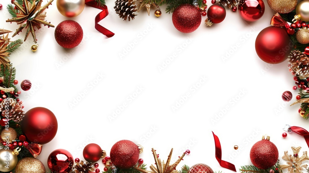 Festive frame with red and gold decorations on white background for New Year and Christmas Festive frame with red and gold decorations on white background for New Year and Christmas