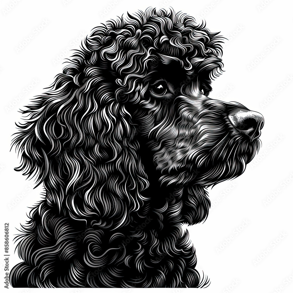 A black and white drawing of a poodle dog A black and white drawing of a poodle dog
