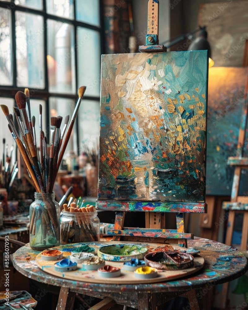 Artist's studio with painting in progress on easel, surrounded by paintbrushes and paint supplies, capturing creativity. Artist's studio with painting in progress on easel, surrounded by paintbrushes and paint supplies, capturing creativity.