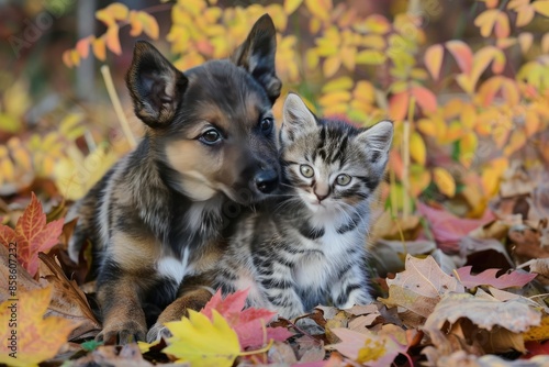Wallpaper Mural A dog and a cat are laying on the ground next to each other. The dog is brown and the cat is gray and white. The leaves on the ground are yellow and orange Torontodigital.ca