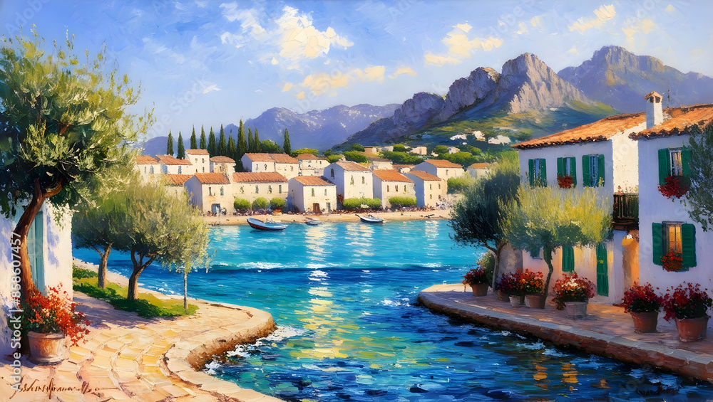 Obraz premium An oil painting of a small town on the Mediterranean Sea, with vibrant blue waters and towering mountains under a clear summer sky