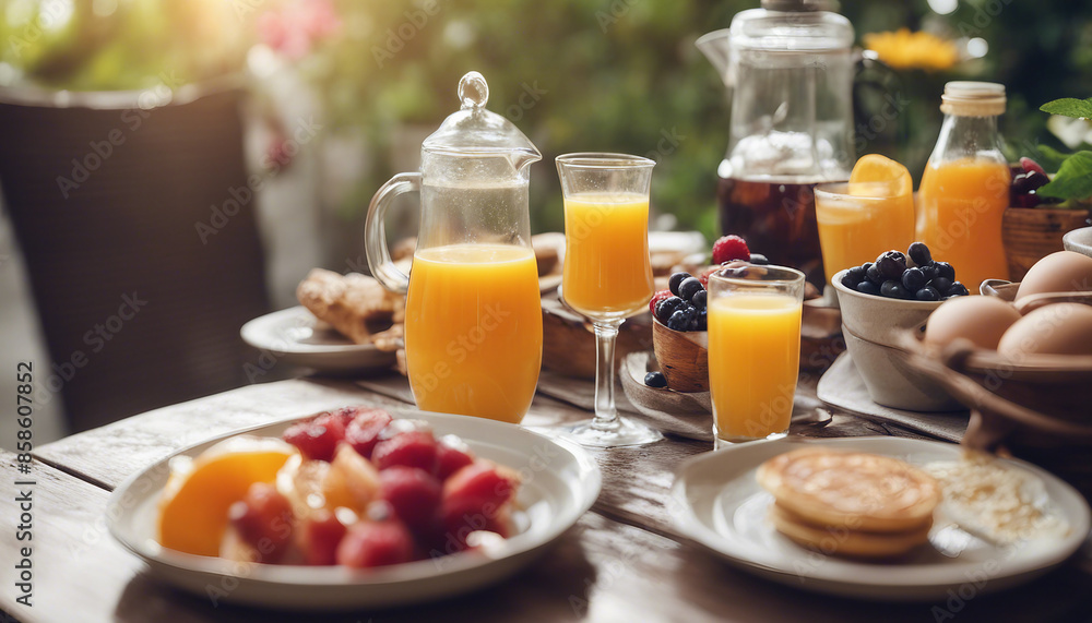 A summer outdoor breakfast table on a patio. The breakfast menu includes pancakes, eggs, orange juice, coffee, and tea. A summer outdoor breakfast table on a patio. The breakfast menu includes pancakes, eggs, orange juice, coffee, and tea.