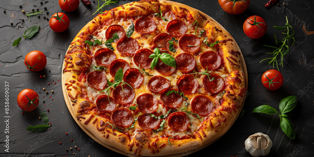 A delicious pepperoni pizza topped with fresh basil, surrounded by cherry tomatoes and arugula on a dark background. Perfect for food and culinary themes. A delicious pepperoni pizza topped with fresh basil, surrounded by cherry tomatoes and arugula on a dark background. Perfect for food and culinary themes.
