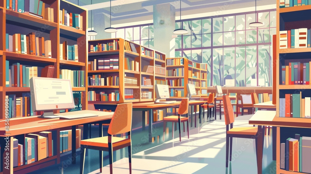 A colorful illustration of a modern student library with bookshelves filled with books and rows of computers for students to use. Generative AI A colorful illustration of a modern student library with bookshelves filled with books and rows of computers for students to use. Generative AI
