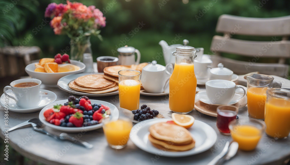 A summer outdoor breakfast table on a patio. The breakfast menu includes pancakes, eggs, orange juice, coffee, and tea. A summer outdoor breakfast table on a patio. The breakfast menu includes pancakes, eggs, orange juice, coffee, and tea.