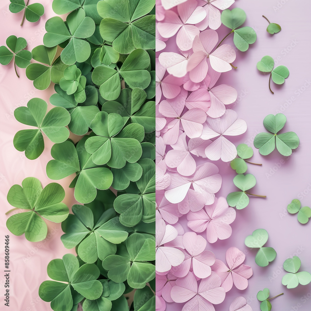 The combination of pink and green clover leaves.Minimal creative nature concept.Flat lay
The combination of pink and green clover leaves.Minimal creative nature concept.Flat lay