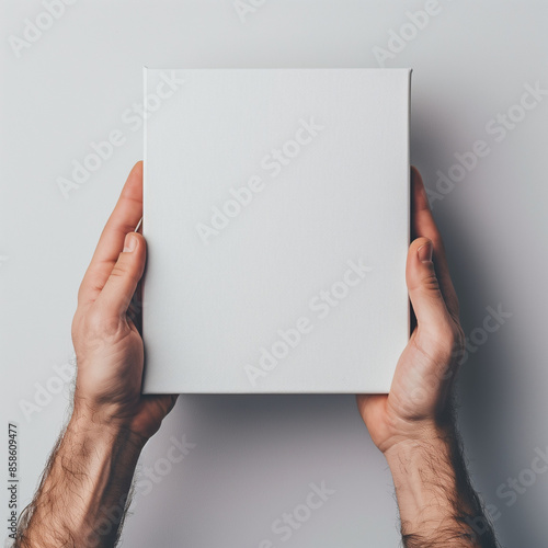 Hands holding white canvas on transparent background.Minimal creative advertise concept with copy space.Flat lay.