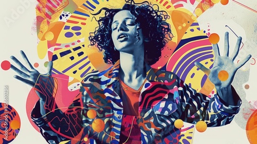 A person with curly hair, wearing a cropped jacket, gesturing with open hands, surrounded by abstract patterns.