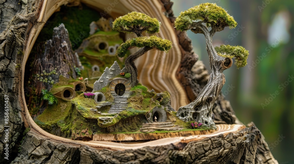 Fototapeta premium Close-up of a tree growth ring with a tiny hidden fairy village inside the rings.