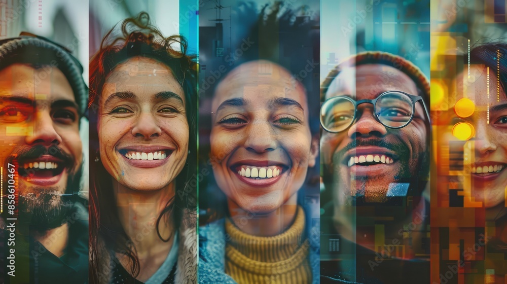 Collage of diverse people smiling, set against an abstract cityscape backdrop. Collage of diverse people smiling, set against an abstract cityscape backdrop.
