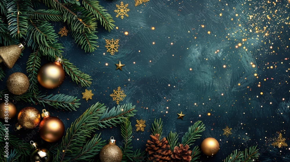 Festive holiday scene with pine branches and scattered ornaments; add twinkling fairy lights. Festive holiday scene with pine branches and scattered ornaments; add twinkling fairy lights.