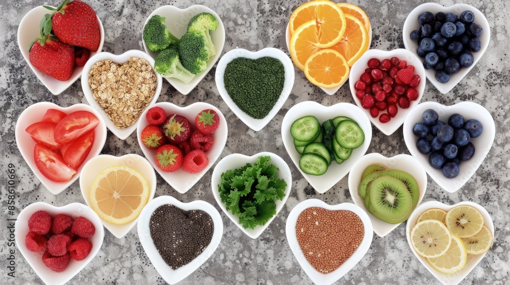Heart-shaped bowls with a variety of fruits, vegetables, and seeds arranged in a grid pattern. Heart-shaped bowls with a variety of fruits, vegetables, and seeds arranged in a grid pattern.