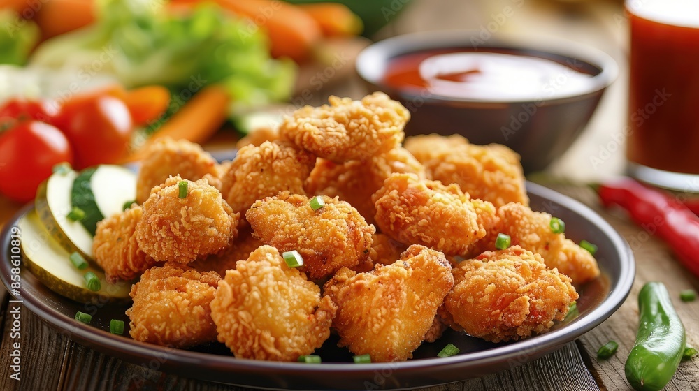 Plate of crispy chicken nuggets with dip and assorted vegetables around them. Plate of crispy chicken nuggets with dip and assorted vegetables around them.