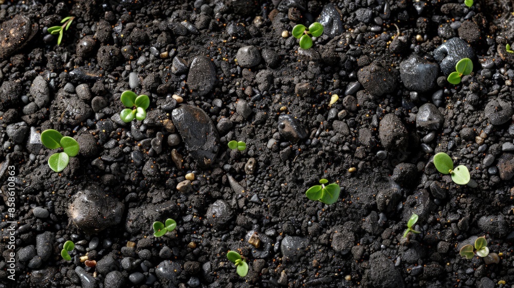 Rich soil texture with tiny pebbles, sprouting seedlings emerging throughout. Rich soil texture with tiny pebbles, sprouting seedlings emerging throughout.