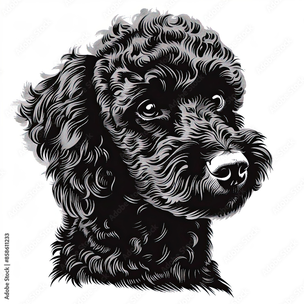 A black and white drawing of a poodle dog A black and white drawing of a poodle dog