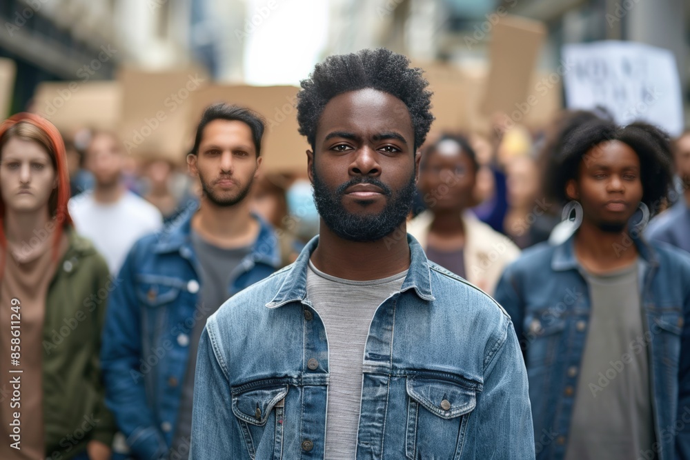 A diverse group of people in denim jackets participating in a street protest, holding signs and marching together with serious expressions. A diverse group of people in denim jackets participating in a street protest, holding signs and marching together with serious expressions.