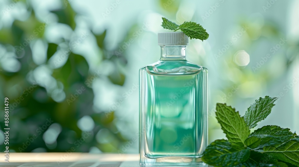 A glass bottle of refreshing mint essential oil with fresh mint leaves. A glass bottle of refreshing mint essential oil with fresh mint leaves.