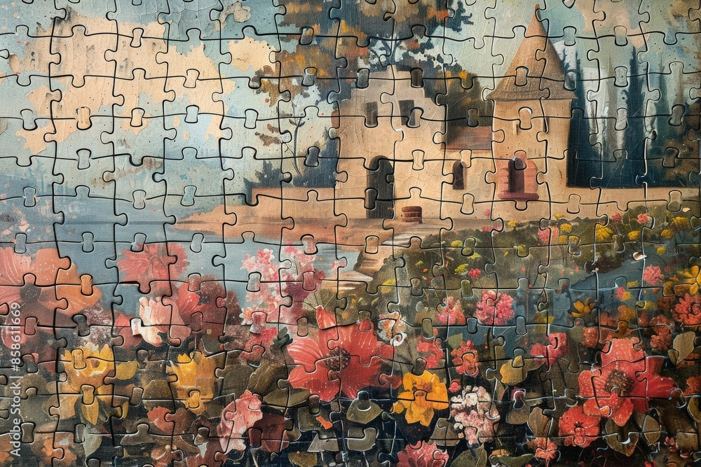 Naklejka premium A completed jigsaw puzzle depicting a charming countryside house surrounded by vibrant flowers and nature.