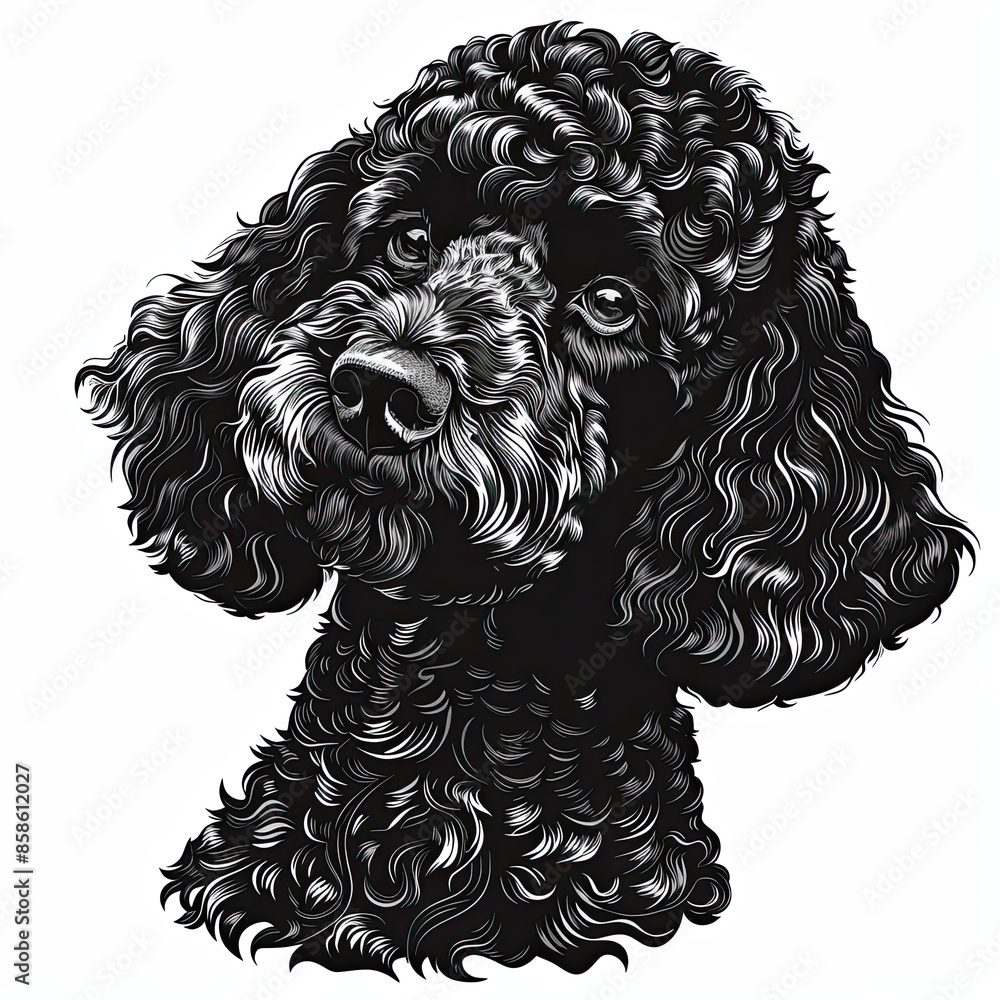 A black and white drawing of a poodle dog A black and white drawing of a poodle dog