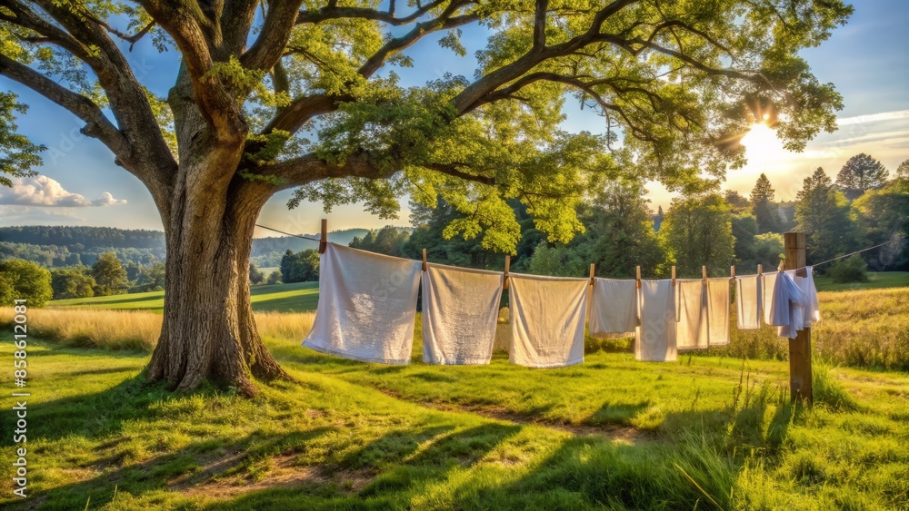 Rustic wooden clothesline stretches between two ancient trees in a serene rural landscape, adorned with freshly laundered garments flapping gently in the breeze.,hd,8k Rustic wooden clothesline stretches between two ancient trees in a serene rural landscape, adorned with freshly laundered garments flapping gently in the breeze.,hd,8k