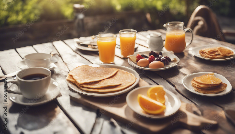 A summer outdoor breakfast table on a patio. The breakfast menu includes pancakes, eggs, orange juice, coffee, and tea. A summer outdoor breakfast table on a patio. The breakfast menu includes pancakes, eggs, orange juice, coffee, and tea.