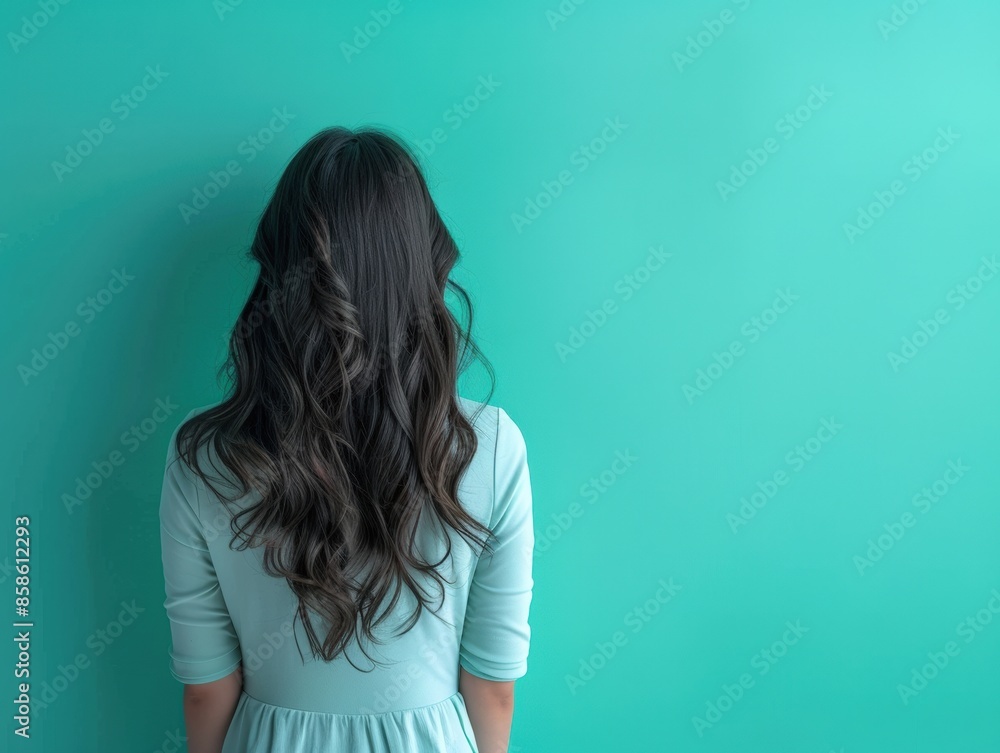 Woman with long, wavy hair facing away against teal background in casual dress. Back view showcasing hairstyle and fashion simplicity. Woman with long, wavy hair facing away against teal background in casual dress. Back view showcasing hairstyle and fashion simplicity.