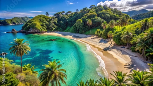 Pristine turquoise waters lap against the golden sands of a picturesque beach, surrounded by lush greenery and towering palm trees in new zealand.,hd,8k photo