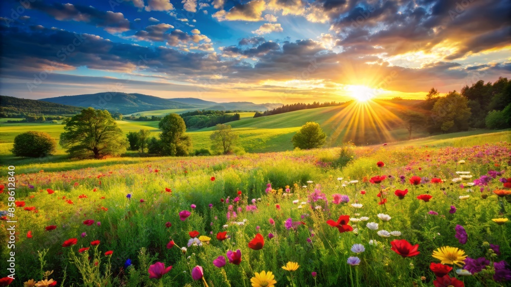 Obraz premium Serene landscape of a lush green field generously sprinkled with vibrant flowers, bathed in warm sunlight, evoking feelings of peace and tranquility.,hd,8k
