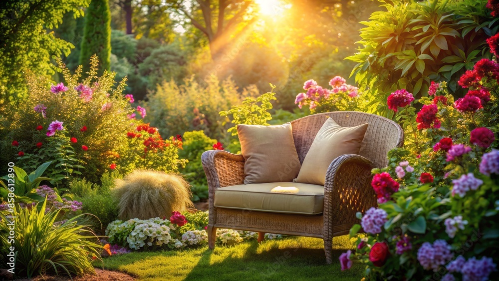 Obraz premium A serene, sun-kissed garden scene featuring a vacant, plush armchair adorned with elegant cushions, surrounded by lush greenery and vibrant flowers.,hd,8k