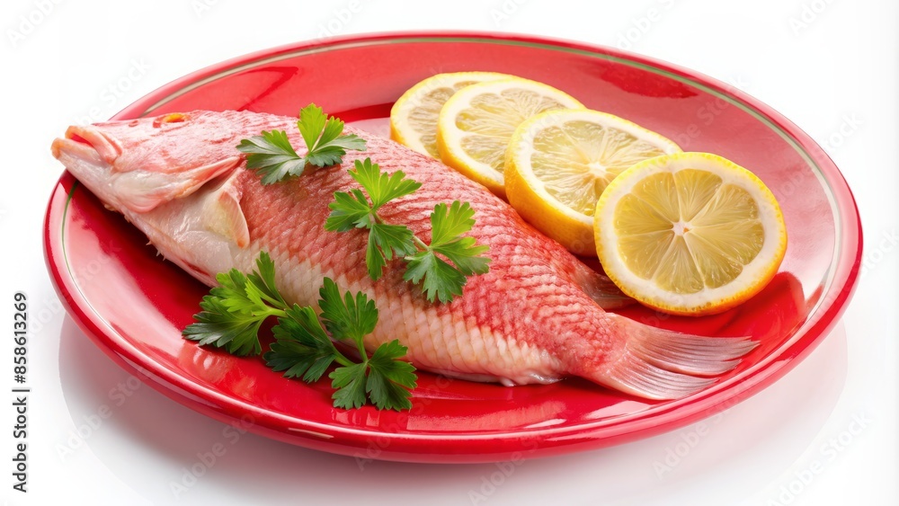 Freshly cooked red snapper fillet placed on a vibrant red plate, garnished with lemon slices and parsley, set against a clean white background.,hd,8k Freshly cooked red snapper fillet placed on a vibrant red plate, garnished with lemon slices and parsley, set against a clean white background.,hd,8k