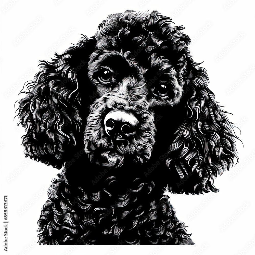 A black and white drawing of a poodle dog A black and white drawing of a poodle dog