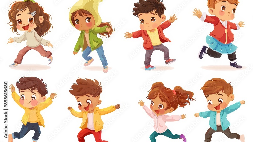 An animated group of children, dressed in bright and diverse clothing, engaged in playful activities, capturing the joyful and energetic essence of youth, fun, and childlike innocence. An animated group of children, dressed in bright and diverse clothing, engaged in playful activities, capturing the joyful and energetic essence of youth, fun, and childlike innocence.
