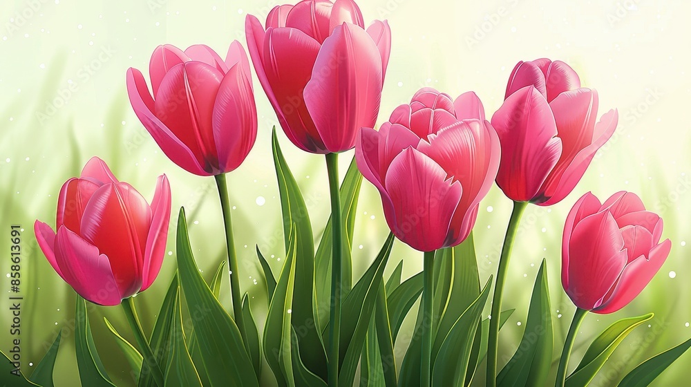 A beautiful bunch of bright and vibrant pink tulips are blooming in a lush green garden, showcasing the delicate beauty of nature with detailed and colorful petals. A beautiful bunch of bright and vibrant pink tulips are blooming in a lush green garden, showcasing the delicate beauty of nature with detailed and colorful petals.