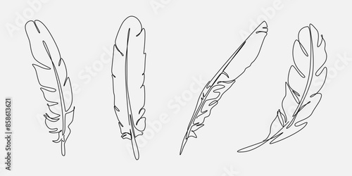Collection one line drawing of feather, quill pen. Editable line. Vector illustration.