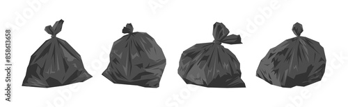 Set of black garbage bags. Isolated on white background. Vector illustration.