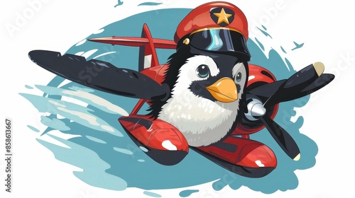 A cartoon penguin wearing a red aviator hat flies a red airplane, capturing a sense of adventure and excitement in a playful and imaginative art style. photo