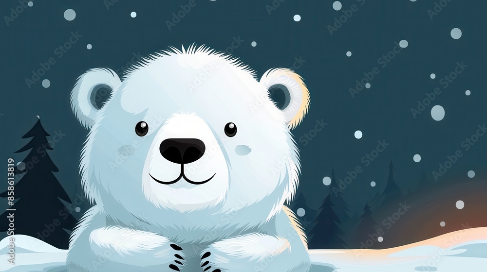 Cute illustration of a polar bear sitting in the snow with a dark wintery forest background. Snowflakes are gently falling, creating a serene winter scene. Cute illustration of a polar bear sitting in the snow with a dark wintery forest background. Snowflakes are gently falling, creating a serene winter scene.