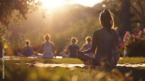 Fototapeta na wymiar Dreamy blurs of individuals finding their flow in a peaceful outdoor yoga retreat.