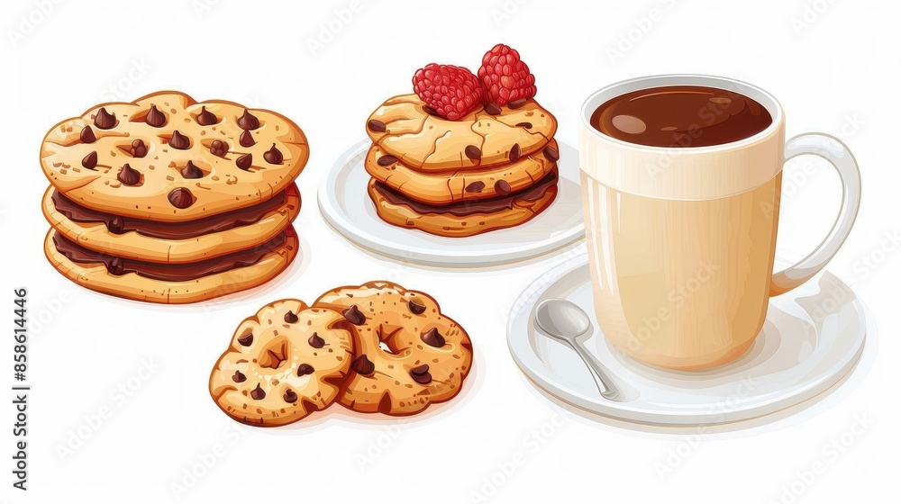 An arrangement of cookies and a cup of coffee on a white background, featuring a spoon and three groups of cookies. This image portrays a cozy and inviting snack time. An arrangement of cookies and a cup of coffee on a white background, featuring a spoon and three groups of cookies. This image portrays a cozy and inviting snack time.
