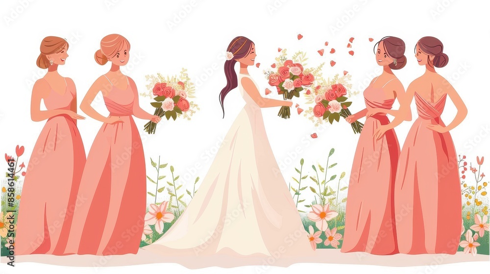 A bride dressed elegantly in white is surrounded by her bridesmaids wearing peach dresses, and holding beautiful floral bouquets as they share a joyful moment together. A bride dressed elegantly in white is surrounded by her bridesmaids wearing peach dresses, and holding beautiful floral bouquets as they share a joyful moment together.