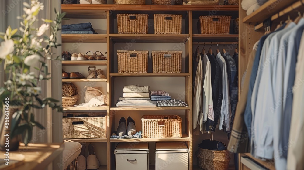 Minimalist Wardrobe - Open wardrobe with light wood shelves, neatly arranged clothes in neutral tones, and a few decorative storage boxes Minimalist Wardrobe - Open wardrobe with light wood shelves, neatly arranged clothes in neutral tones, and a few decorative storage boxes