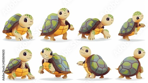 A series of eight cartoon-style illustrations featuring cute tortoises in various poses. Each tortoise is detailed with vibrant patterns on their shells and expressive faces. photo