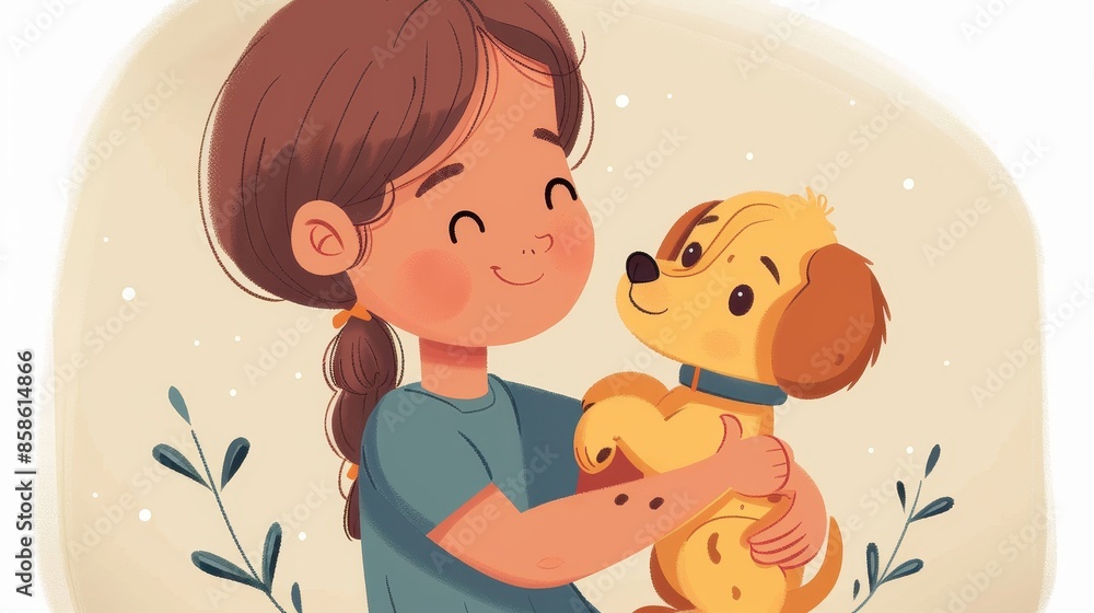 A young girl, dressed in a blue shirt, is holding a cute little puppy lovingly in her arms, highlighting the innocent and beautiful bond of affection between a child and her pet. A young girl, dressed in a blue shirt, is holding a cute little puppy lovingly in her arms, highlighting the innocent and beautiful bond of affection between a child and her pet.