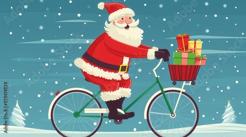 Santa Claus, dressed in his iconic red suit, cycles joyfully through falling snow with a basket full of colorful presents, spreading holiday cheer and happiness.
