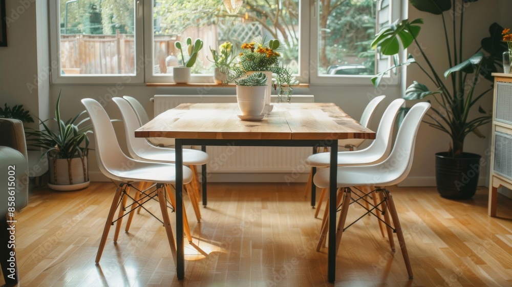 Modern Dining Set - Light wood table with black metal legs, white chairs with light wood legs, and a simple centerpiece of fresh flowers Modern Dining Set - Light wood table with black metal legs, white chairs with light wood legs, and a simple centerpiece of fresh flowers