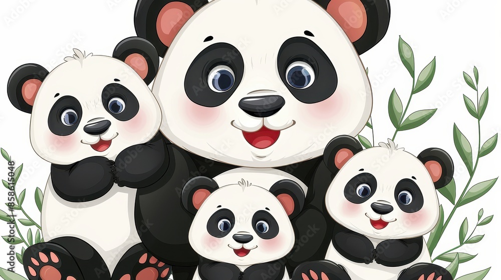 A heartwarming scene of a panda family with baby pandas, all nestled together in a forest greenery setting. The family is depicted with cheerful expressions enjoying nature. A heartwarming scene of a panda family with baby pandas, all nestled together in a forest greenery setting. The family is depicted with cheerful expressions enjoying nature.
