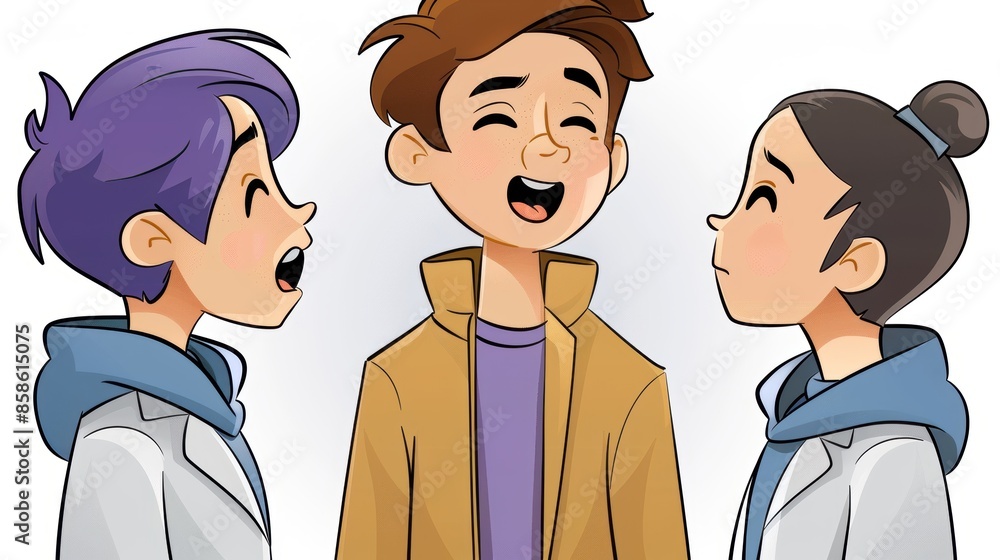 An animated image featuring three characters in casual clothing having a conversation, each exhibiting unique styles and personalities, creating a lively scene. An animated image featuring three characters in casual clothing having a conversation, each exhibiting unique styles and personalities, creating a lively scene.